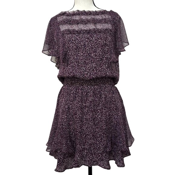 Parker Funfetti Purple Ruffle Silk Mini Dress Size S Smocked Waist Flutter Sleev - Picture 3 of 7